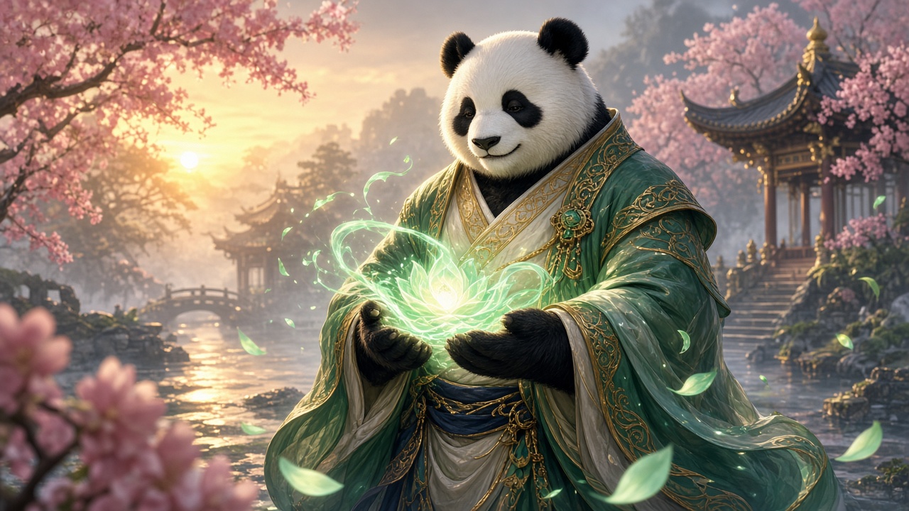 Mistweaver Monk in jade robes with soft dawn mist and lotus petals