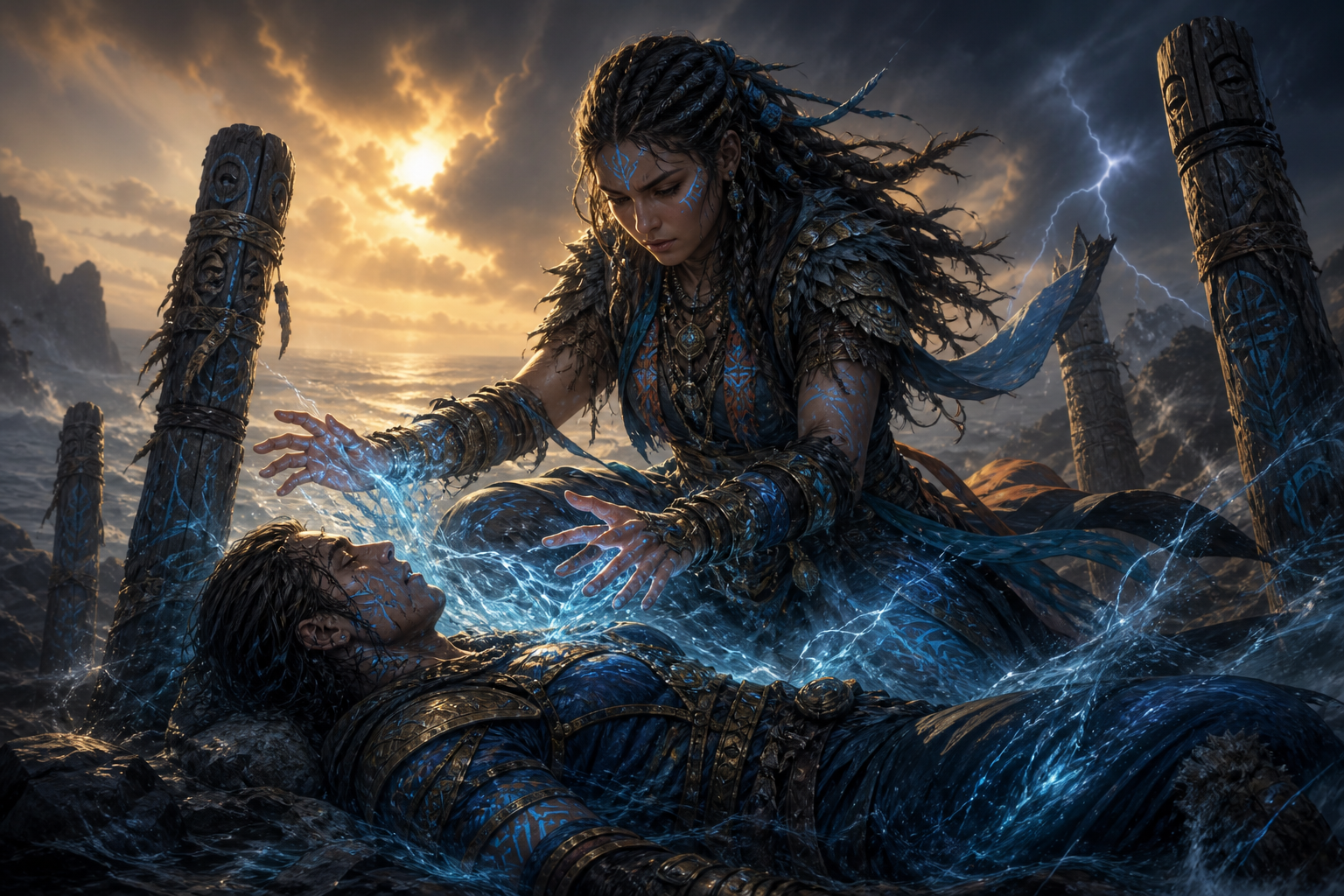 Restoration Shaman beside water and earth totems at dusk